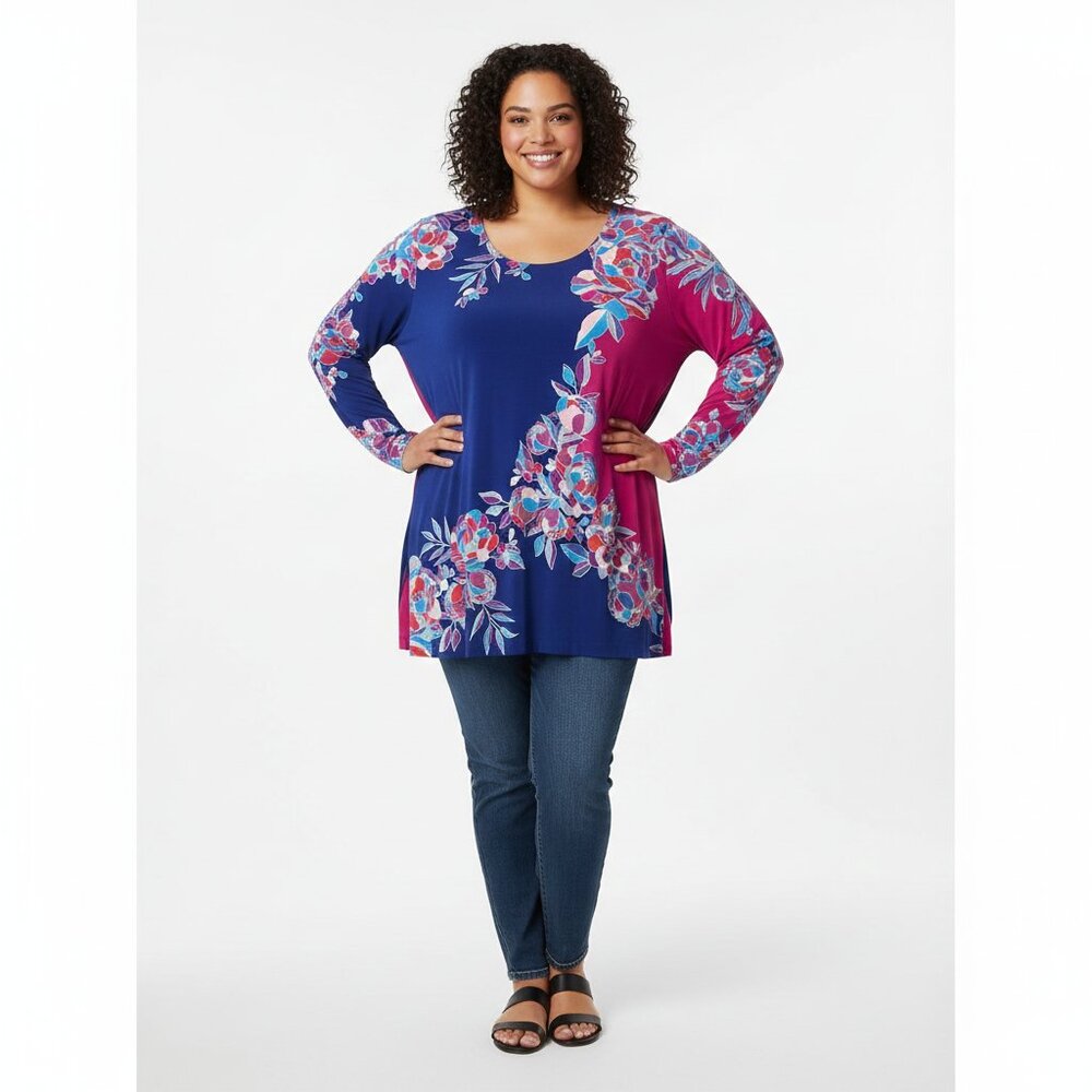 Susan Graver Floral Print Long Sleeve Top Plus 1XP Petite‎ Liquid Knit Coastal